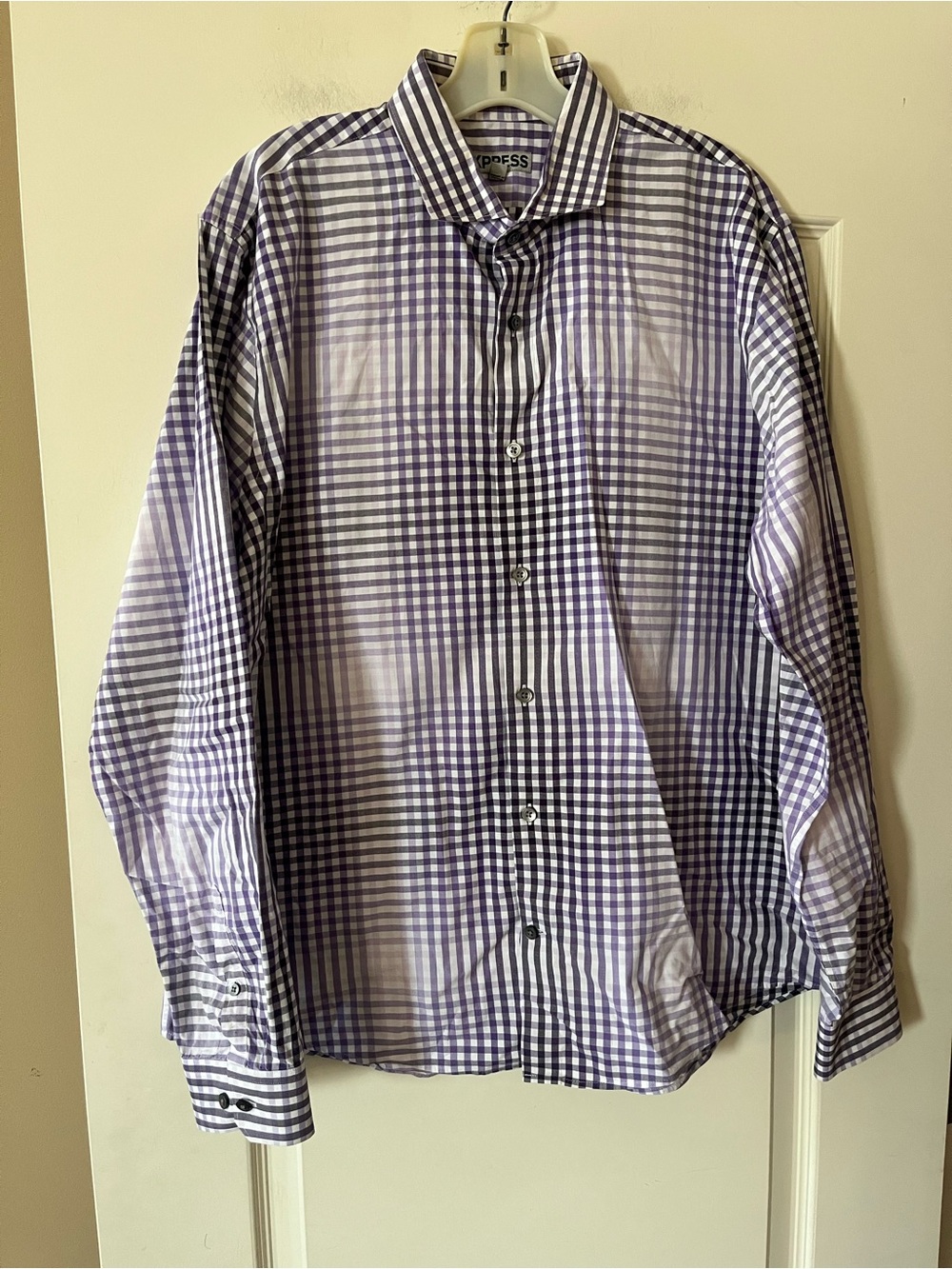 Express Men’s Purple and White Check Dress Shirt Fitted, Size XL